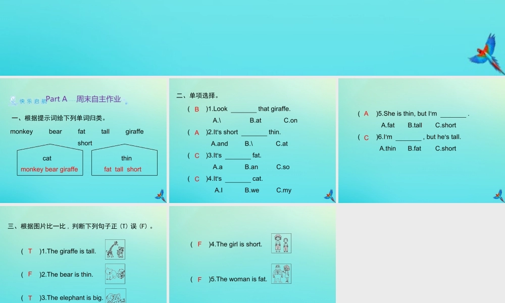 三年级英语下册 Unit 3 At the zoo Part A周末自主作业习题课件 人教PEP版-人教PEP小学三年级下册英语课件