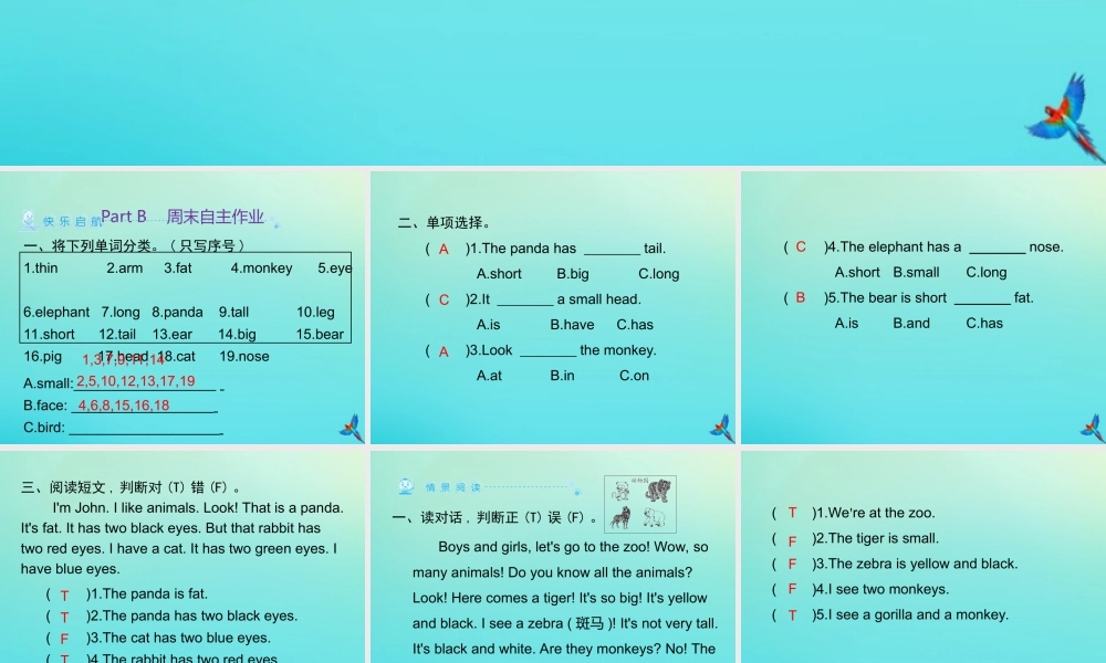 三年级英语下册 Unit 3 At the zoo Part B周末自主作业习题课件 人教PEP版-人教PEP小学三年级下册英语课件