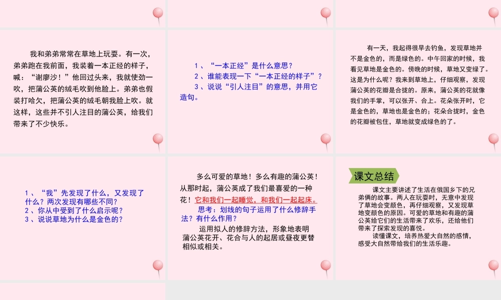 三年级语文上册 第一单元 2《金色的草地》课文教学课件 鲁教版-鲁教版小学三年级上册语文课件