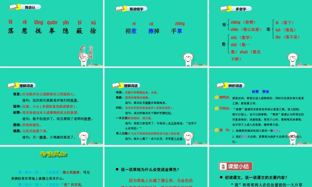 三年级语文上册 第一单元 3 金色的草地（第1课时）课件 冀教版-冀教版小学三年级上册语文课件