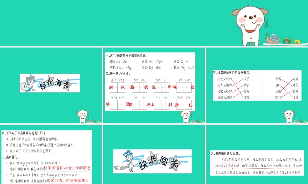 三年级语文上册 第6单元 20美丽的小兴安岭习题课件 新人教版-新人教版小学三年级上册语文课件