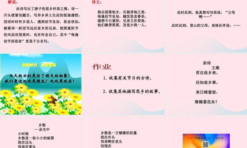 三年级语文上册 第三单元 9《古诗两首》九月九日忆山东兄弟课件1 鲁教版-鲁教版小学三年级上册语文课件