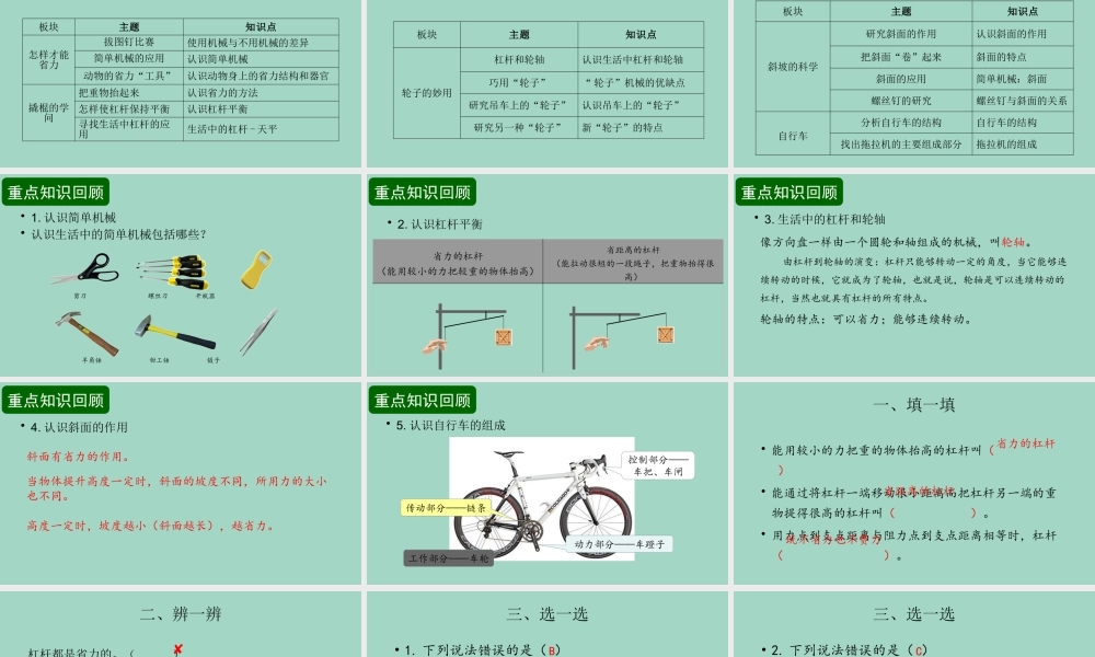 五年级科学下册 第1单元 巧妙的用力复习课件 冀人版-人教版小学五年级下册自然科学课件