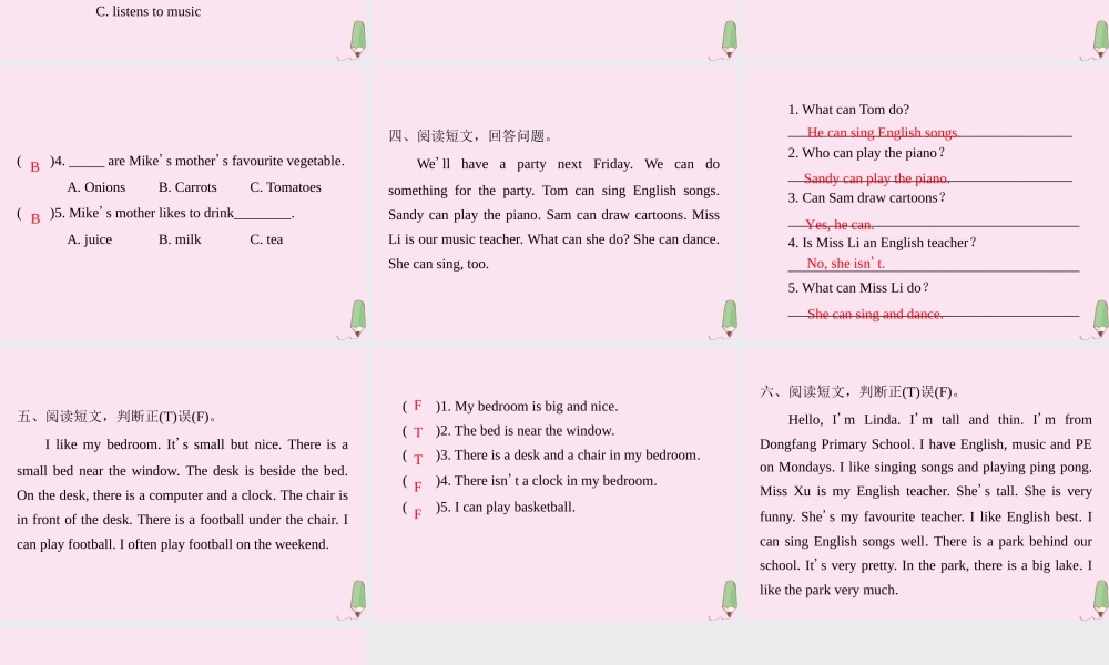 五年级英语上册 阅读理解专项复习习题课件 人教PEP版-人教PEP小学五年级上册英语课件