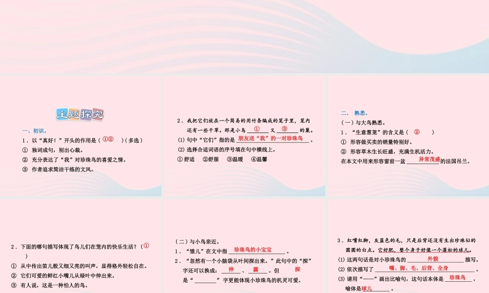 五年级语文上册 第一单元 2《珍珠鸟》 课后作业（B组）课件 冀教版-冀教版小学五年级上册语文课件