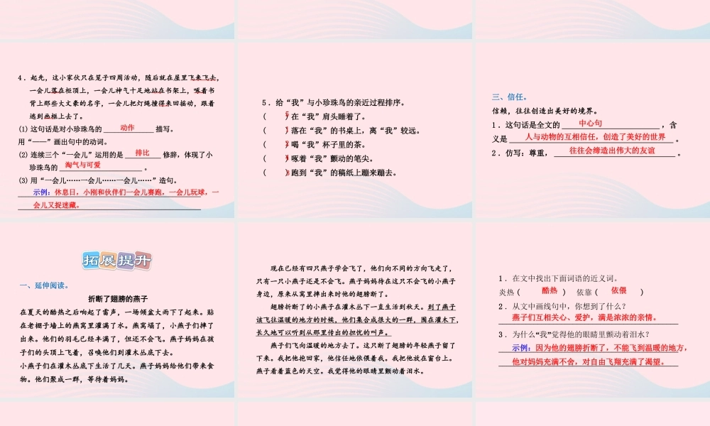 五年级语文上册 第一单元 2《珍珠鸟》 课后作业（B组）课件 冀教版-冀教版小学五年级上册语文课件