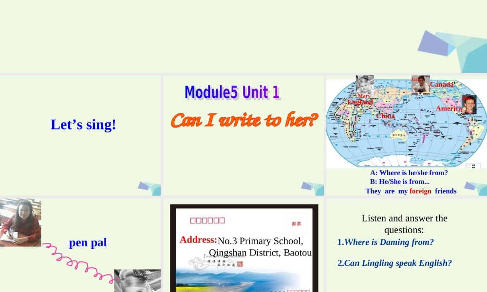 六年级英语上册 Unit 1 Unit 1 Can I write to her课件2 外研版（一起）-外研版小学六年级上册英语课件