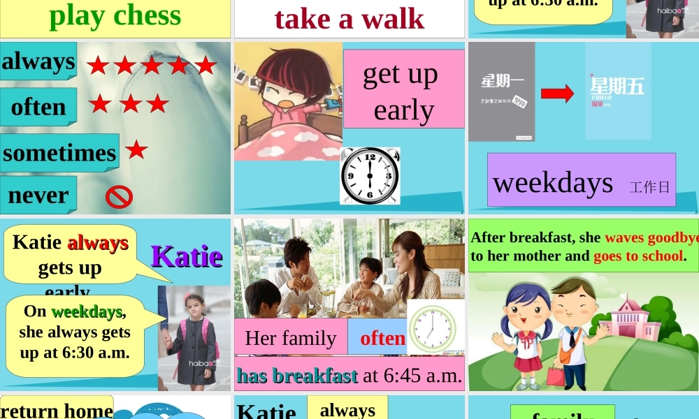 六年级英语上册 Unit 2 Katie always gets up early课件2 湘少版-湘少版小学六年级上册英语课件