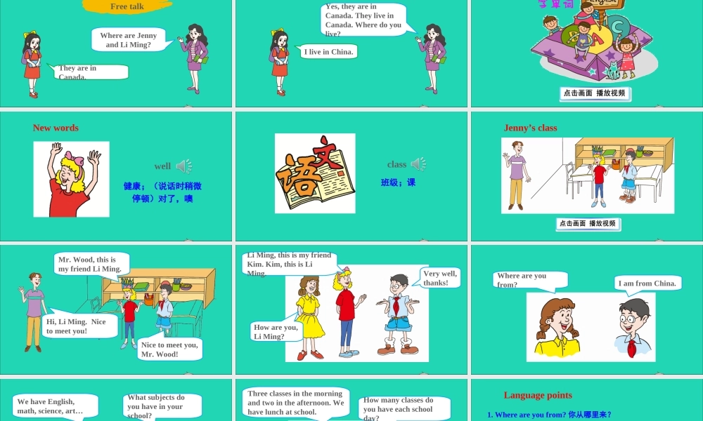 六年级英语上册 Unit 2 School in Canada Lesson 8 Li Ming Meets Jenny's class课件+素材 冀教版（三起）