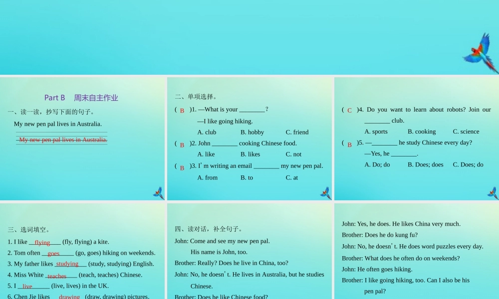 六年级英语上册 Unit 4 I have a pen pal Part B周末自主作业练习课件 人教PEP版-人教PEP小学六年级上册英语课件