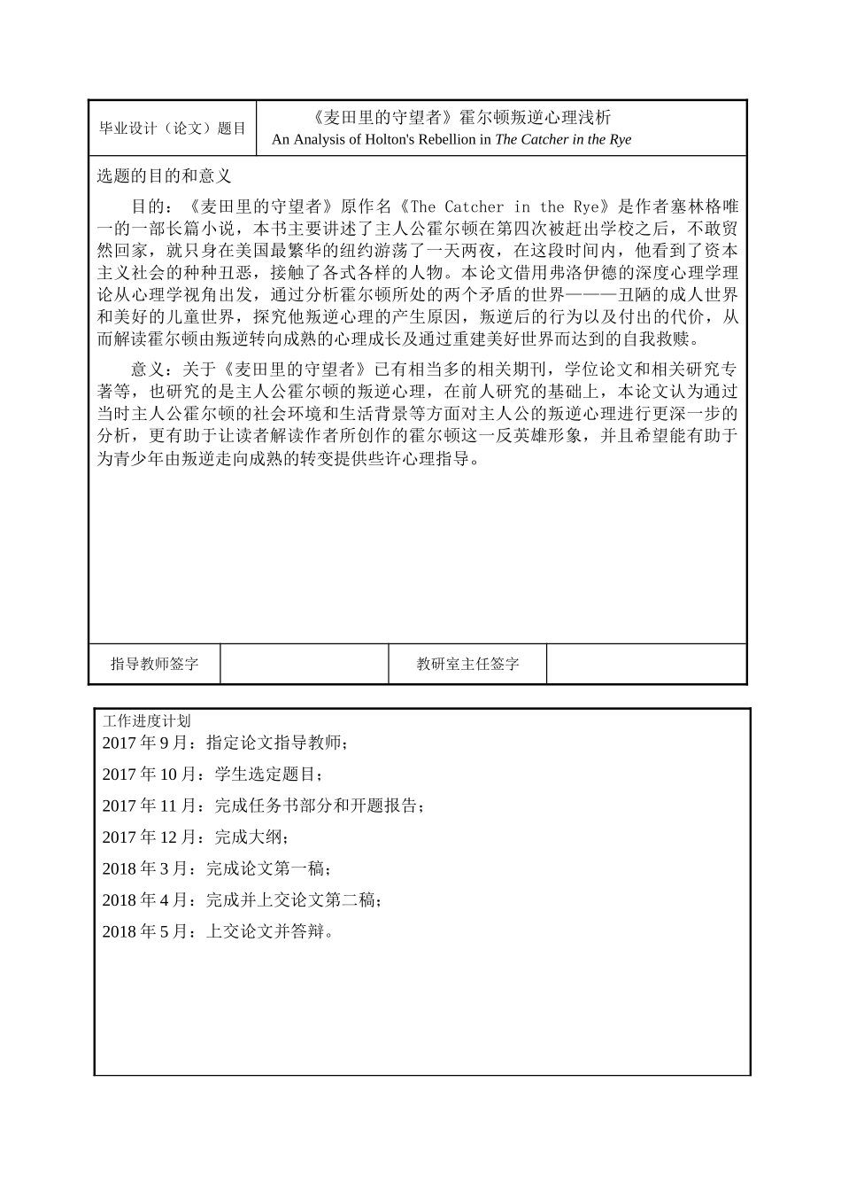 《麦田里的守望者》霍尔顿叛逆心理浅析 开题任务书_第1页