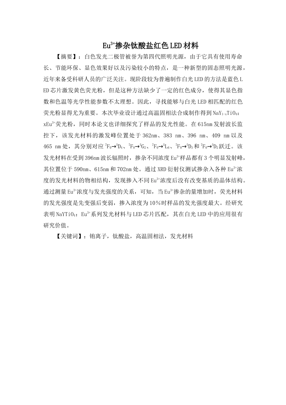 Eu3+掺杂钛酸盐红色LED材料分析研究   化学工程与工艺专业_第1页