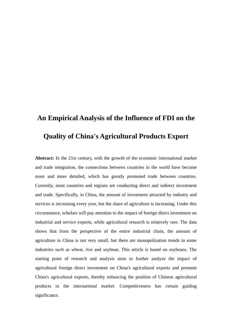 FDI对我国农产品出口质量影响的实证研究分析  市场营销专业_第3页