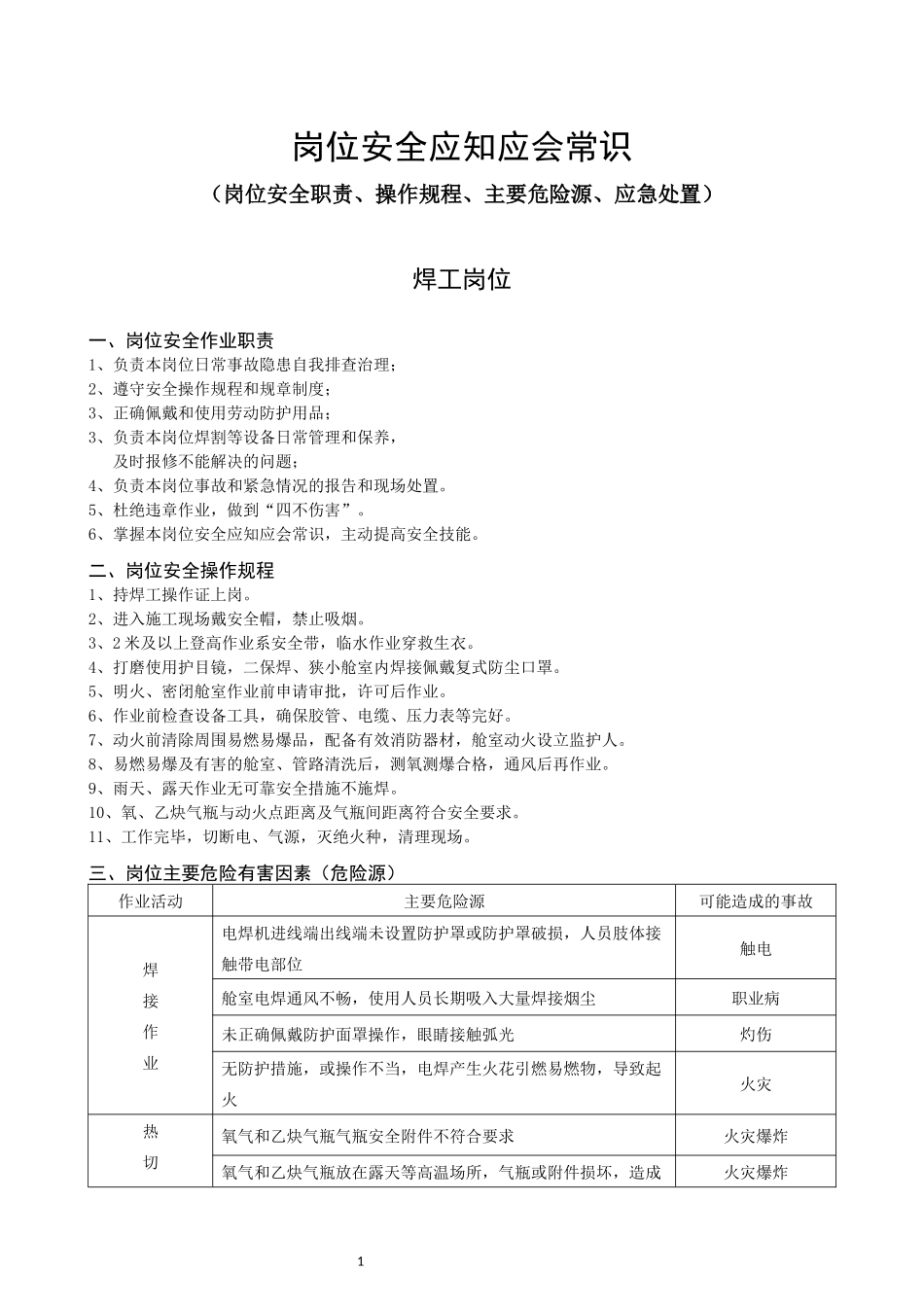 岗位安全应知应会常识(岗位安全职责、操作规程、主要危险源及应急处置)_第1页