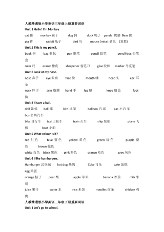 人教精通版小学英语词语汇总(1-6年级)