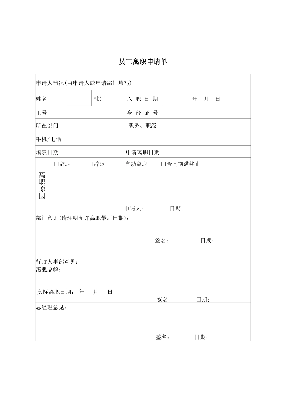 公司员工离职申请表表格_第1页