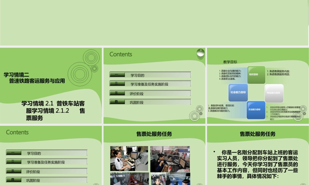 铁路旅客运输服务1.2.1：铁路客运基础知识运用学习情境二普速铁路客运服务与应用项目1普铁车站客服项目2.1.2售票服务