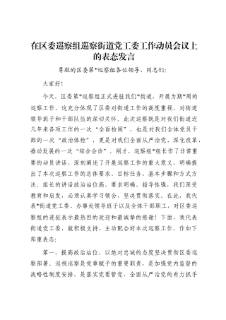 在区委巡察组巡察街道党工委工作动员会议上的表态发言