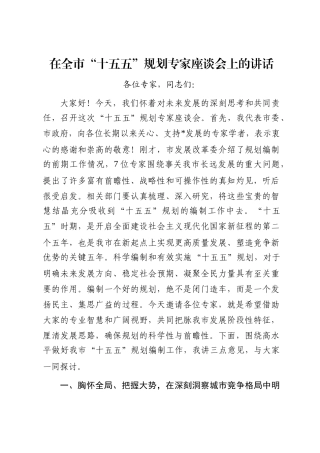 在全市“十五五”规划专家座谈会上的讲话