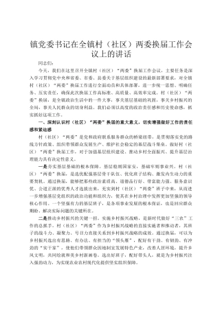 镇党委书记在全镇村（社区）两委换届工作会议上的讲话