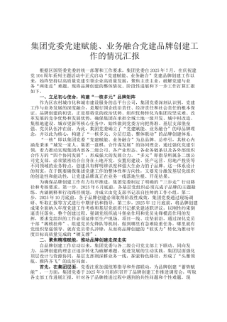 集团党委党建赋能、业务融合党建品牌创建工作的情况汇报
