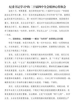 纪委书记学习党的二十届四中全会精神心得体会