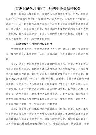 市委书记学习党的二十届四中全会精神体会