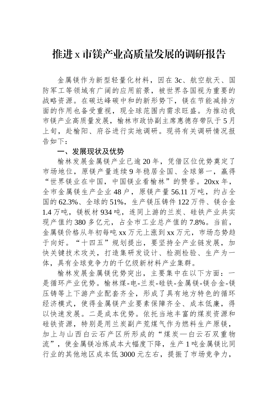 推进X市镁产业高质量发展的调研报告_第1页