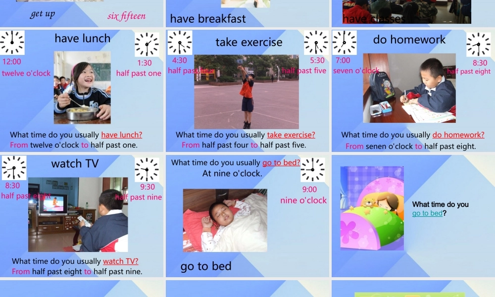 四年级英语上册 Unit 5 Daily activities Part A课件1 （新版）闽教版-闽教版小学四年级上册英语课件