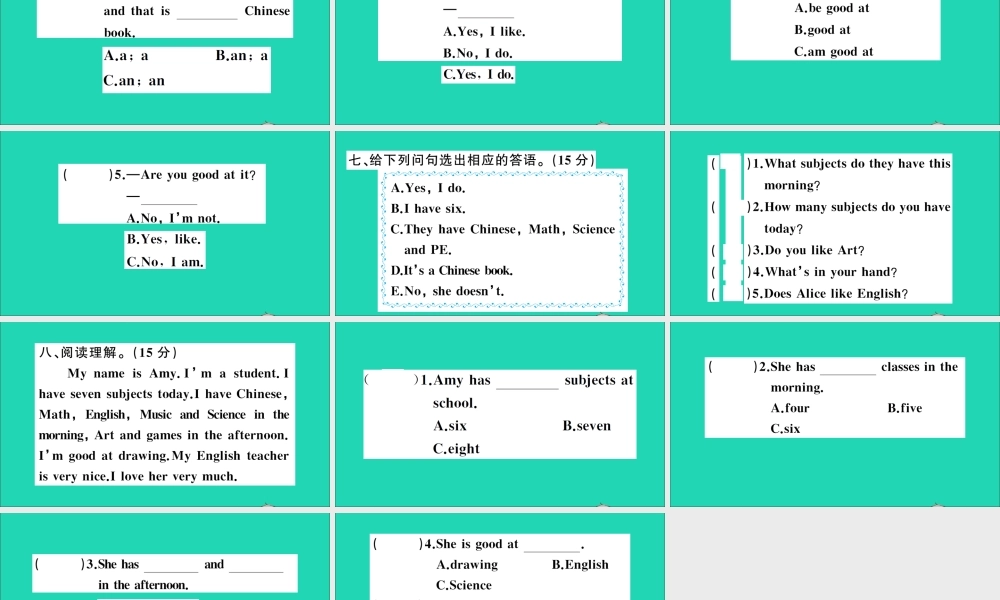 四年级英语上册 Unit 6 What Subjects Do They Have This Morning检测课件+素材 陕旅版（三起）