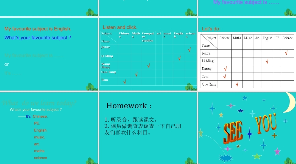 四年级英语上册 Unit 1 Lesson 2 What’s your favourite subjects课件 鲁科版-鲁科版小学四年级上册英语课件