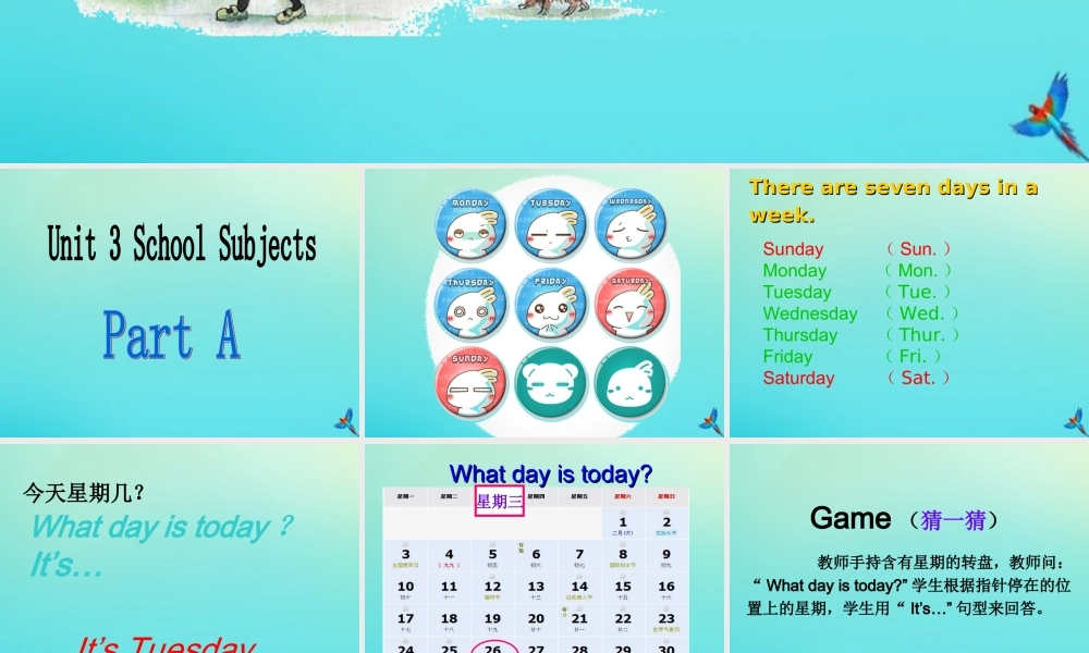 四年级英语下册 Unit 3 School Subjects Day Part A课件2 闽教版（三起）-闽教版小学四年级下册英语课件