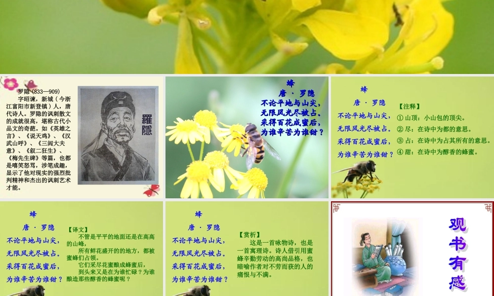 四年级语文下册 第3单元 古诗诵读《蜂》《观书有感》课件 沪教版-沪教版小学四年级下册语文课件