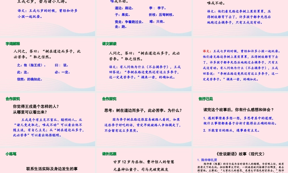 文上册 第八单元 25 王戎不取道旁李课件