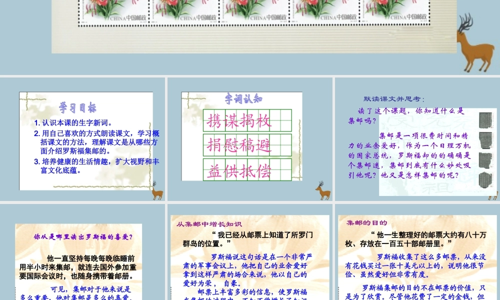四年级语文上册 第六单元 方寸世界 14 罗斯福集邮教学课件 北师大版-北师大版小学四年级上册语文课件