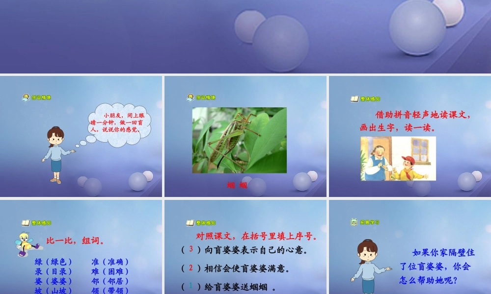 春二年级语文下册 第三单元 第8课《送给盲婆婆的蝈蝈》教学课件2 冀教版-冀教版小学二年级下册语文课件