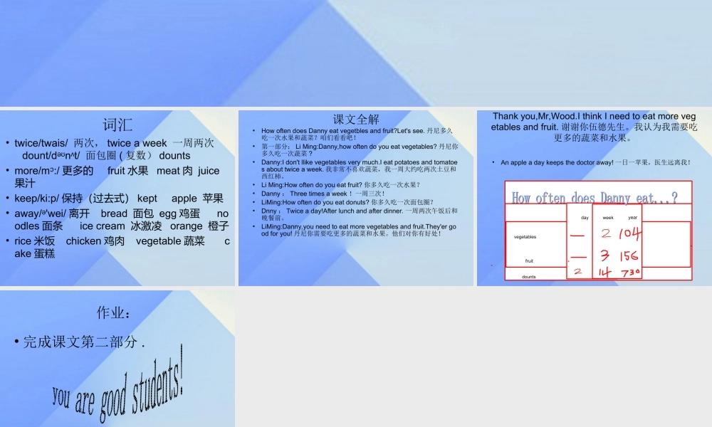 春六年级英语下册 Lesson 9《Eat more vegetables and fruit》课件3 （新版）冀教版（三起）-（新版）冀教版小学六年级下册英语课件