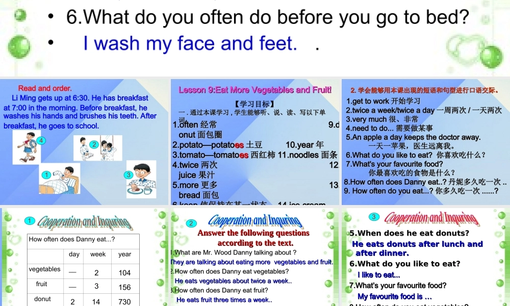 春六年级英语下册 Lesson 9《Eat more vegetables and fruit》课件5 （新版）冀教版（三起）-（新版）冀教版小学六年级下册英语课件