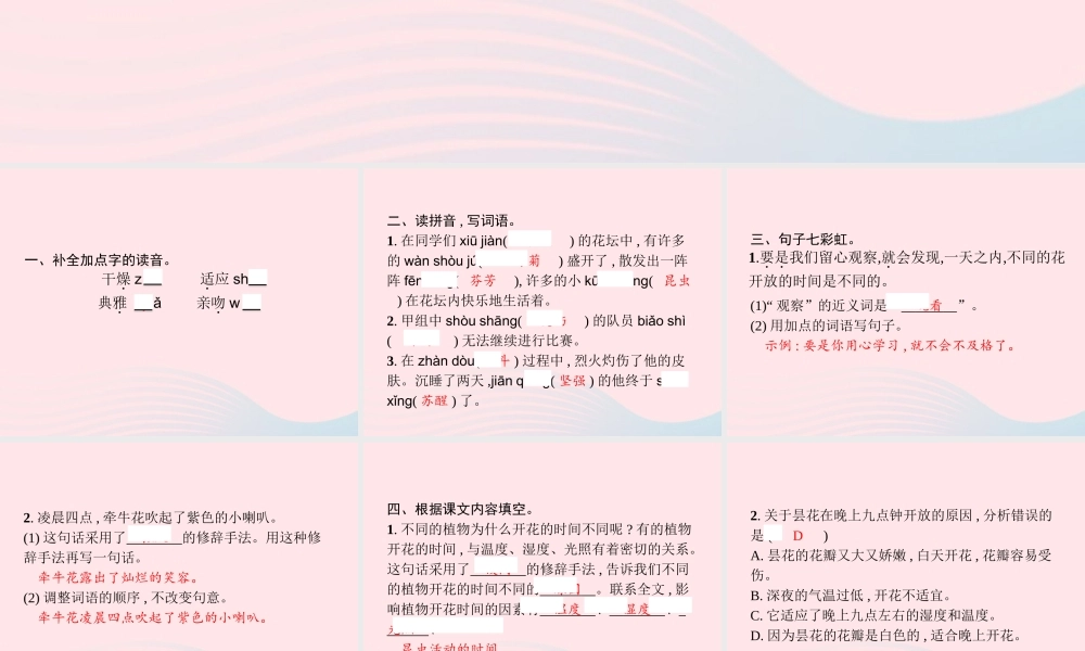 春三年级语文下册 第四单元 13花钟习题课件 新人教版-新人教版小学三年级下册语文课件