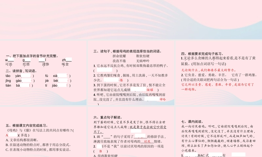 春四年级语文下册 第四单元 14 母 鸡习题课件 新人教版-新人教版小学四年级下册语文课件