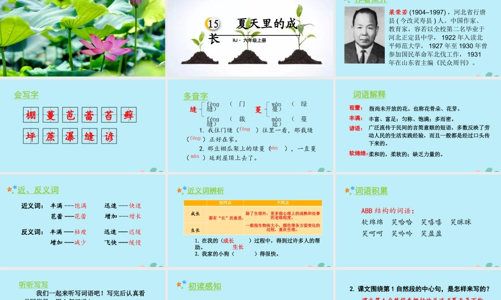 秋六年级语文上册 第五单元 15 夏天里的成长教学课件 新人教版-新人教版小学六年级上册语文课件