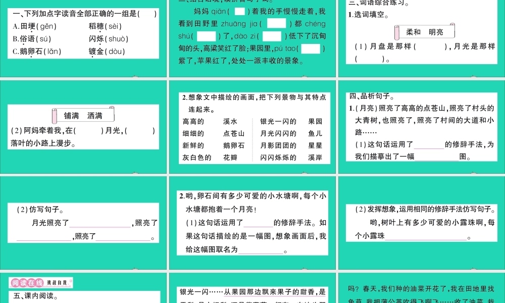 （广东地区）四年级语文上册 第一单元 2 走月亮作业课件 新人教版-新人教版小学四年级上册语文课件