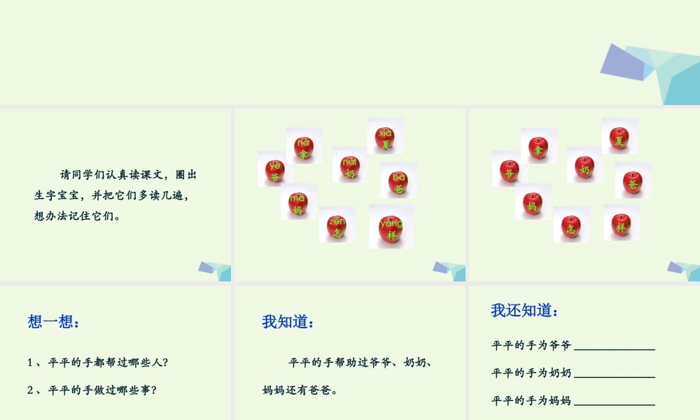 （秋季版）一年级语文上册 课文12 平平的手课件1 西师大版-西师大版小学一年级上册语文课件