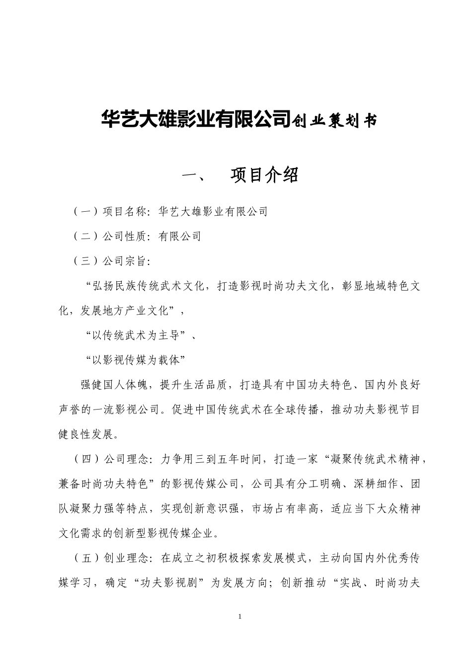 华艺大雄影业有限公司创业策划书_第1页