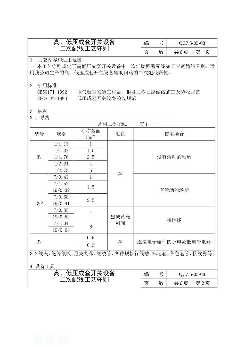 高、低压成套开关设备二次配线工艺守则_第1页
