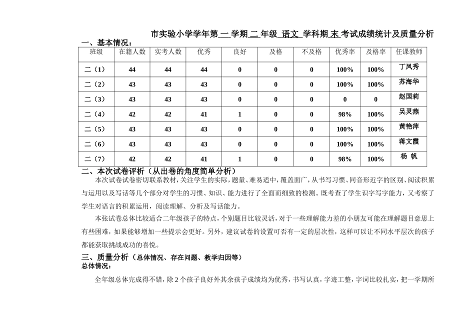 市实验小学学年第 一 学期 二 年级  语文  学科期 末 考试成绩统计及质量分析_第1页