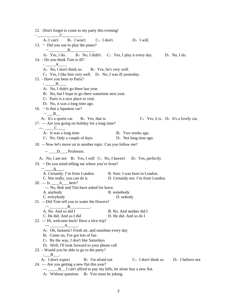 英语统考常考试题的部分内容测试题_第2页
