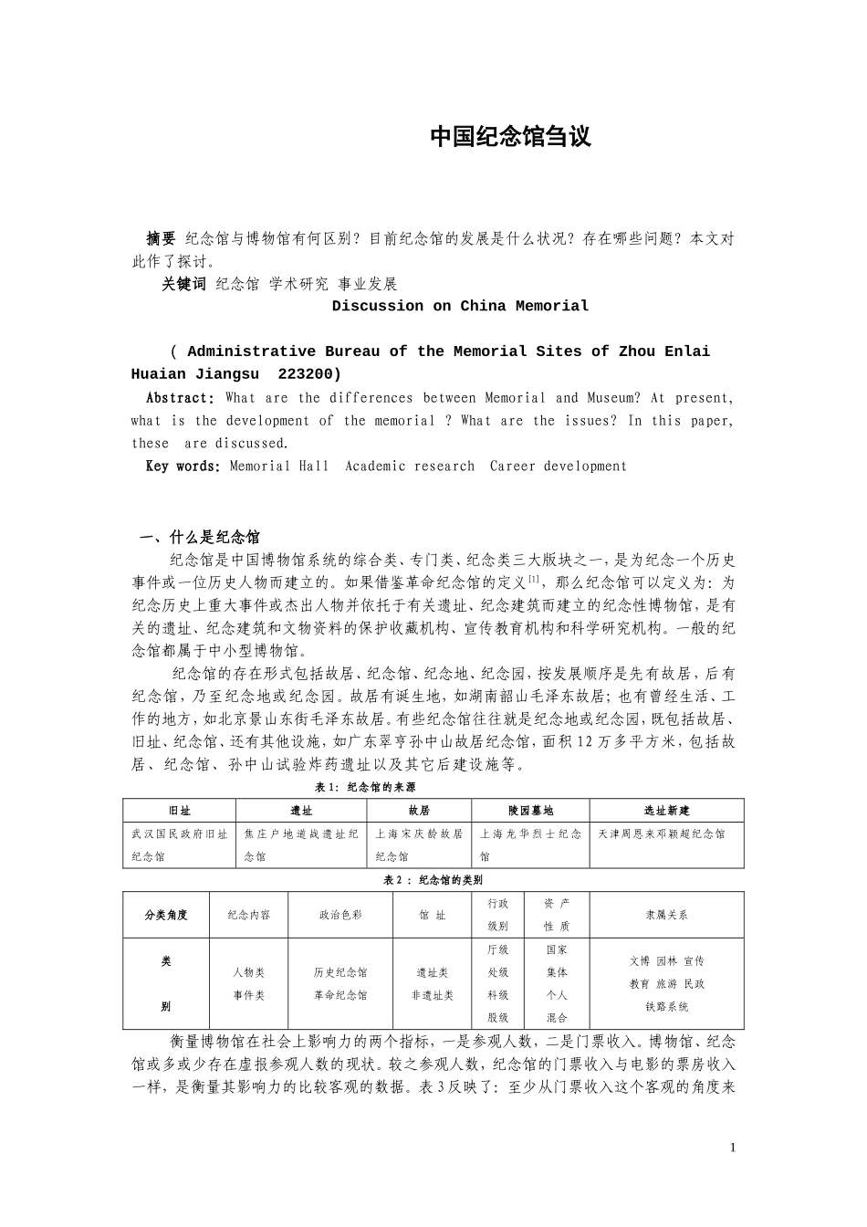 中国纪念馆刍议分析研究  工商管理专业_第1页