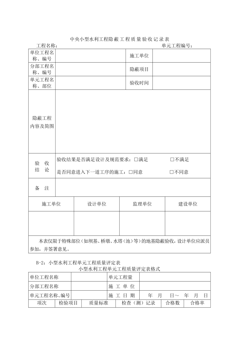 中央小型水利工程隐蔽工程质量验收记录表_第1页