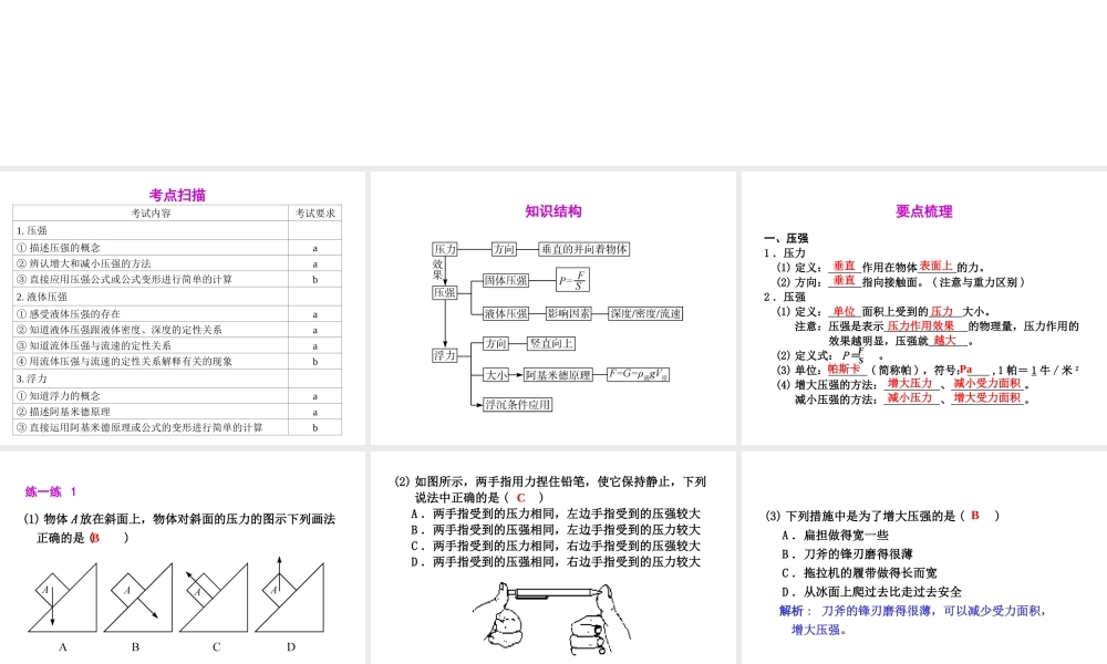 2012年2月中考科学一轮复习 第18课压强和浮力精品课件 浙教版